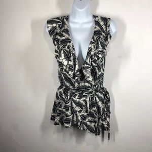 Ann Taylor black and white leaf faux wrap top sm